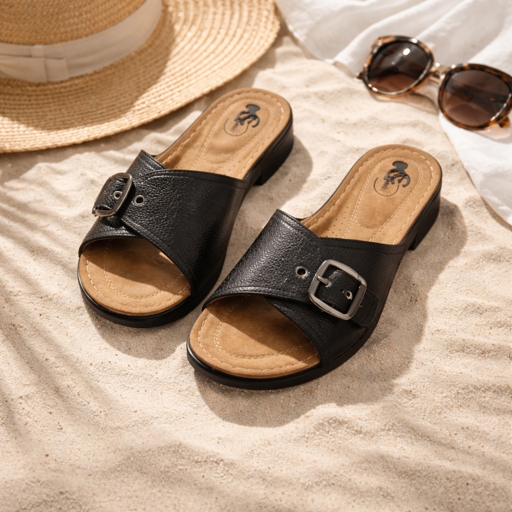 Classic Black Buckle Slide Mules
